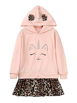 TiaoBug Mädchen Sweatkleid Langarm Kapuzenpullover Hoodie Kleid mit Einhörner Aufdruck Cartoon Top Herbst Winter Knielang Freizeitkleider Orange D 122-128 von TiaoBug