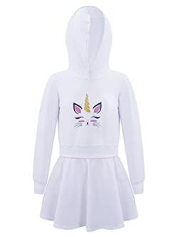 TiaoBug Mädchen Sweatkleid Langarm Kapuzenpullover Hoodie Kleid mit Einhörner Aufdruck Cartoon Top Herbst Winter Knielang Freizeitkleider Weiß Zweiteiler 158-164 von TiaoBug