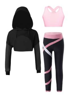 TiaoBug Teenager Mädchen Sport Kleidung Set Kapuzenpullover mit Schmetterling + Crop Top + Sweathose Kordelzug Sporthose Hip Hop Street Dance Outfit Rosa A 158-164 von TiaoBug