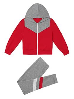 TiaoBug Unisex Kinder Jogginganzug Sportanzug Sweatjacke Reisverschluss Jacke mit/ohne Kapuze und Jogginghose Sweatpants 2 Pcs Sportbekleidung Set Rot E 134-140 von TiaoBug