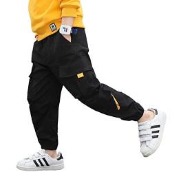 TiaoBug Unisex Kinder Jogginghose Sweathose Haremshose Einfarbig mit 2-Streifen Lange Hose Pumphose für Mädchen Jungen Schwarz F 128-140 von TiaoBug