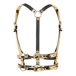 TiaoBug Unisex Sexy Body Brust Harness Leder Geschirr Kunstleder Einstellbar Schnallen Gürtel Clubwear Punk Rollenspiel Kostüm Zubehör in Gold Silber Gold B Einheitsgröße von TiaoBug