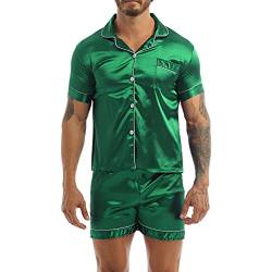 TiaoBug Unisex Zweiteiliger Schlafanzug Kurz Satin Pyjama Set mit Knopfleiste Kurzarm Hemd Top + Sommer Shorts Nachtwäsche Grün XL von TiaoBug
