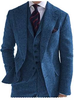 Tiavllya Herren Tweed Anzug 3-teilig Slim Fit Herringbone Wolle Anzüge Single Breasted Smokings Bräutigam Hochzeit Anzug （52, Blau） von Tiavllya