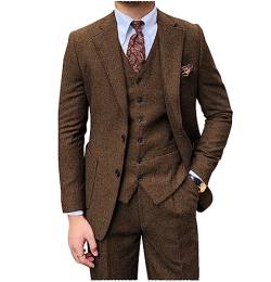 Tiavllya Herren Tweed Anzug 3-teilige Vintage Herringbone Wolle Slim Fit Formelle Smokings Hochzeit Anzüge für Männer （48, Braun） von Tiavllya