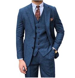 Tiavllya Herren Tweed Anzug 3-teilige Vintage Herringbone Wolle Slim Fit Formelle Smokings Hochzeit Anzüge für Männer （54, Blau） von Tiavllya