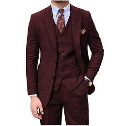 Tiavllya Herren Tweed Anzug 3-teilige Vintage Herringbone Wolle Slim Fit Formelle Smokings Hochzeit Anzüge für Männer （56, Burgund） von Tiavllya