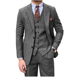 Tiavllya Herren Tweed Anzug 3-teilige Vintage Herringbone Wolle Slim Fit Formelle Smokings Hochzeit Anzüge für Männer （56, Grau） von Tiavllya