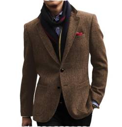 Tiavllya Herren Tweed Herringbone Blazer Business Mantel Slim Fit Wolle Mischung Anzug Jacke （52, Braun） von Tiavllya