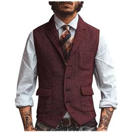 Tiavllya Herren Wolle Herringbone Anzug Weste Business Casual Slim Fit Revers Tweed Weste（M, Burgund） von Tiavllya