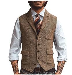 Tiavllya Herren Wolle Herringbone Anzug Weste Business Casual Slim Fit Revers Tweed Weste（S, Braun） von Tiavllya