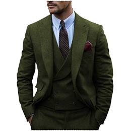 Tiavllya Mens Klassische 3-teilige Anzug Double Breasted Tweed Herringbone Wolle Prom Anzüge für Hochzeit （56, Armeegrün） von Tiavllya