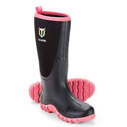 TIDEWE Gummistiefel für Damen, mehrere Jahreszeiten, wasserdicht, Regenstiefel mit Stahlschaft, 6 mm Neopren, langlebig, Gummi, Outdoor-Jagdstiefel (Rosa und Grün) von TideWe