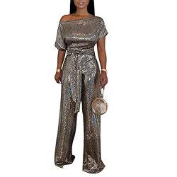 Damen Jumpsuit mit weitem Bein, kurze Ärmel, Glitzer-Pailletten, Overall, schulterfrei, weites Bein, Overall, Spielanzug, gold, 32-34 von Tidecc