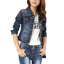 Tidecc Blaue Jeansjacke für Damen, langärmelig, schmal, mit Knopfleiste, verblasst, Cropped-Jeansjacke, Mäntel, blau, 36 von Tidecc