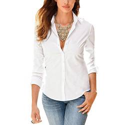 Tidecc Frauen Büro Hemd Langarm Button Down Revers Hemd Business Arbeit Hemd Bluse, weiß, 36-38 von Tidecc