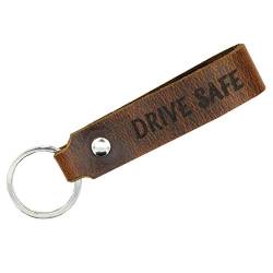 Tidero Schlüsselanhänger Leder Drive Safe, beidseitig - Fahr Vorsichtig | Geschenk zum Neuen Auto Schlüsselanhänger Männer/Mann Frau/Frauen - Leder mit Gravur, Wild Brown (Groß ohne Symbol) von Tidero