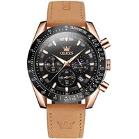 Tidy Quarzuhr Herren-Quarz Chrono Zifferblatt Schwarz Rosegold Braunes Lederarmband, Geschenkbox von Tidy