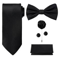 Tie G U Style - Männer Set mit 5 Krawatten in einer Geschenkbox: Krawatten-Sets: Einfarbige Krawatte, Satin-Fliege, Einstecktuch, Revers, Manschettenknopf (A - reines Schwarz) von Tie G U Style