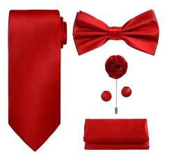 Tie G U Style - Männer Set mit 5 Krawatten in einer Geschenkbox: Krawatten-Sets: Einfarbige Krawatte, Satin-Fliege, Einstecktuch, Revers, Manschettenknopf (A - rot) von Tie G U Style