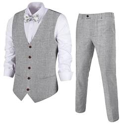 Herren Leinen 2-teiliger Anzug Slim Fit Hochzeit Trauzeugen Smoking Sommer Strand Abschlussball Weste Hosen Set, grau, XL von Tiefony