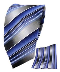 TigerTie Designer Seidenkrawatte + Seideneinstecktuch in blau hellblau grau silber gestreift - Krawatte 100% Seide von TigerTie