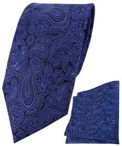 TigerTie Designer Seidenkrawatte + Seideneinstecktuch in dunkeblau silber schwarz Paisley gemustert - Krawatte 100% Seide von TigerTie