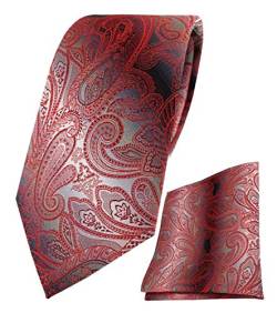 TigerTie Designer Seidenkrawatte + Seideneinstecktuch in rot verkehrsrot anthrazit grau silber Paisley gemustert - Krawatte 100% Seide von TigerTie