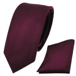 TigerTie - schmale Designer Krawatte + Einstecktuch rot weinrot Uni Rips - Binder Tuch von TigerTie