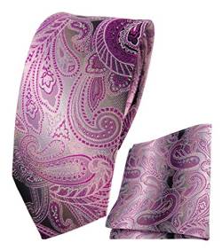 TigerTie - schmale Designer Seidenkrawatte Seideneinstecktuch in violett flieder anthrazit grau Paisley gemustert von TigerTie