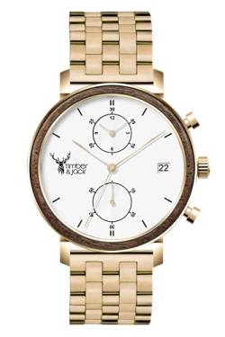 Timber&Jack® Holzuhr - Forester Chrono Armbanduhr & Chronograph aus Holz für Damen (Gold & weißes Ziffernblatt) von Timber&Jack