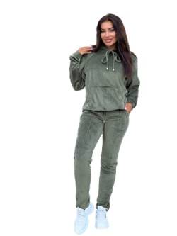 Timeless Fashion Trainingsanzug Damen Army, Samt, Grün, 2-Teilig, Hausanzug, Loungewear, Streetweear, Size XXS-XXL (S) (M) von Timeless Fashion