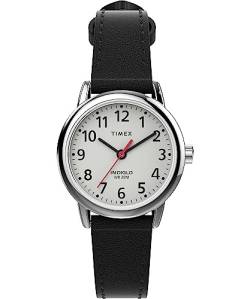 Timex Easy Reader Damenuhr, silberfarbenes Gehäuse mit schwarzem nachhaltigem Band und weißem Zifferblatt von Timex