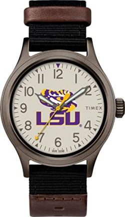 Timex Men's Collegiate Clutch 40mm Watch – LSU Tigers with Black Fabric & Brown Leather Strap von Timex