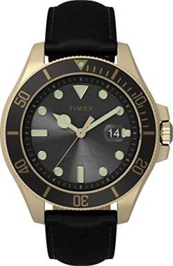 Timex Men's Harborside Coast 43mm Watch Black Dial & Top Ring Gold-Tone Case with Black Leather Strap von Timex