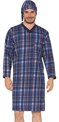 Timone Herren Nachthemd mit Schlafmütze TIDR5001 (Marineblau Kariert (Langarm), XL) von Timone