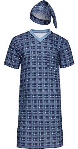 Timone Herren Nachthemd mit Schlafmütze TIDR5002 (Jeans Kariert, L) von Timone