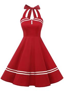 Timormode Damen Neckholder 1950er Vintage Retro Rockabilly Cocktailkleid Party Festlich Kleider Dunkelrot XL von Timormode