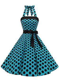 Timormode Damen Vintage Cocktailkleid Knielang Neckholder Swing Retro Rockabilly Kleid Groß Blau Schwarz M von Timormode