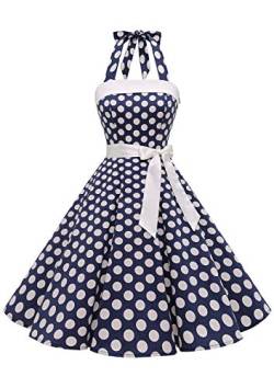 Timormode Damen Vintage Cocktailkleid Knielang Neckholder Swing Retro Rockabilly Kleid Groß Marineblau Weiß L von Timormode