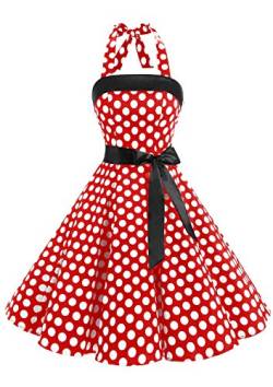 Timormode Damen Vintage Cocktailkleid Knielang Neckholder Swing Retro Rockabilly Kleid Große Rot Weiß XS von Timormode