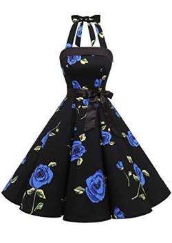 Timormode Damen Vintage Cocktailkleid Knielang Neckholder Swing Retro Rockabilly Kleid Schwarz Blau Blume L von Timormode