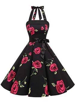 Timormode Damen Vintage Cocktailkleid Knielang Neckholder Swing Retro Rockabilly Kleid Schwarz Rot Blume XL von Timormode