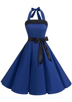 Timormode Damen Vintage Cocktailkleid Knielang Neckholder Swing Retro Rockabilly Kleid XXL Royalblau von Timormode