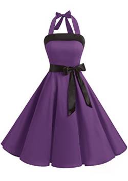 Timormode Damen Vintage Cocktailkleid Knielang Neckholder Swing Retro Rockabilly Kleid XXL Violett von Timormode