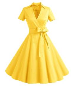 Timormode Damen Vintage Retro 1950er Cocktailkleid Rockabilly V-Ausschnitt Faltenrock Kleider Yellow 3XL von Timormode