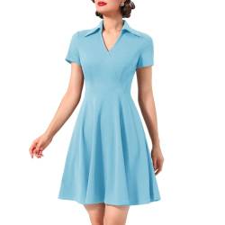 Timormode Vintage Retro 50s Cocktailkleid Rockabilly Kleider Damen Faltenrock Partykleid Midilang V-Ausschnitt Blau M von Timormode