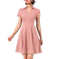 Timormode Vintage Retro 50s Cocktailkleid Rockabilly Kleider Damen Faltenrock Partykleid Midilang V-Ausschnitt Blush M von Timormode