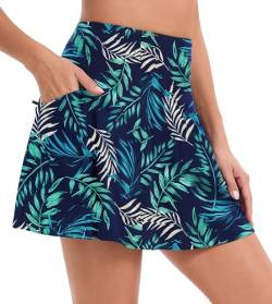 Timuspo Damen Bademode Kurze Rock Badeshorts Baderock Bikinirock mit Shorts Sportrock Bikinihose Badekleid Strandrock Blatt-Marineblau,M von Timuspo