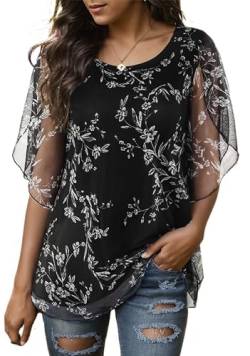 Timuspo Damen Floral Chiffon Bluse Rundkragen Halbärmel Doppellagig Fließend Elegant Schwarz Blumen Tunika von Timuspo